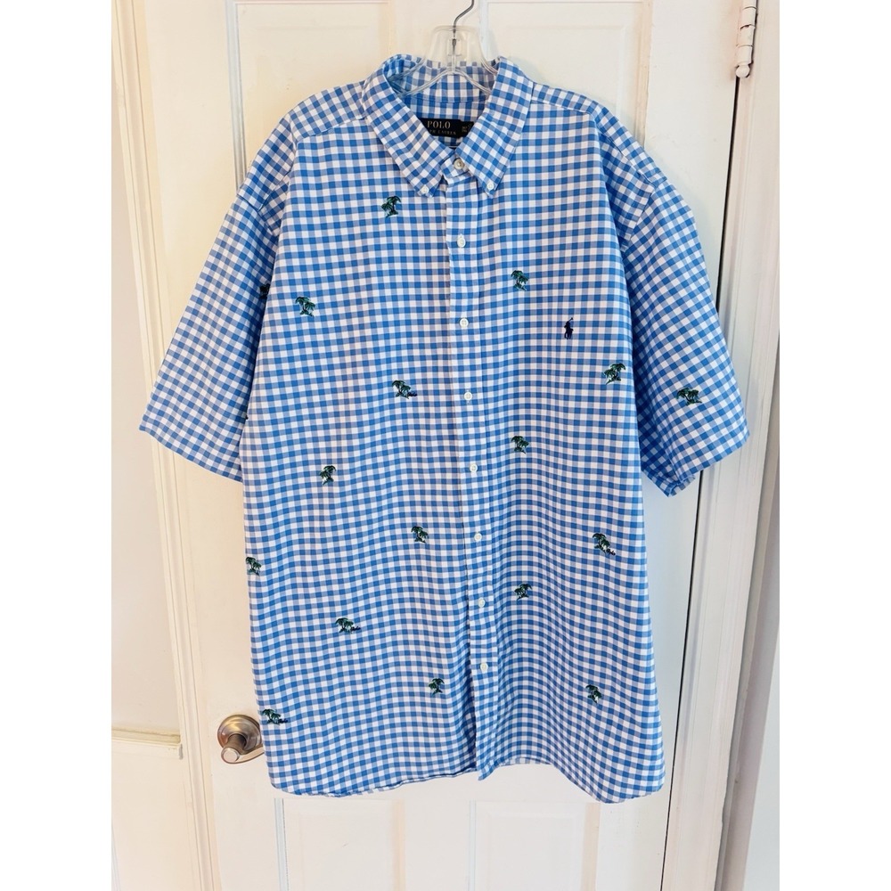 Ralph Lauren Shirt Men's 3XLT Blue Check Palm Tree-Embroidered S/S Oxford Preppy